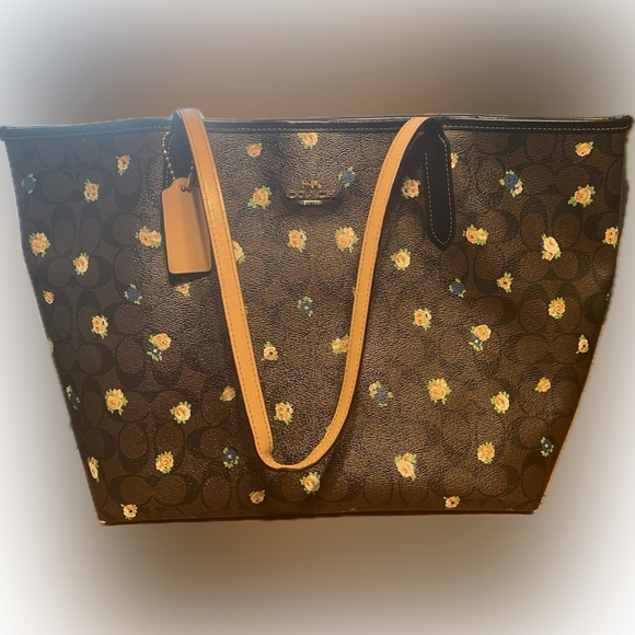 EUC Coach Brown Signature Coated Canvas and Leather Floral Print City Tote - Picture 3 of 12